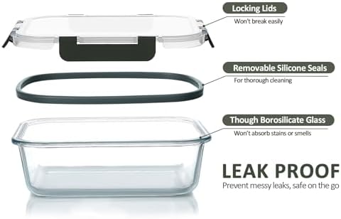 M MCIRCO 5 Pack 36 oz Glass Food Storage Containers with Lids,4.5 Cups,Gray