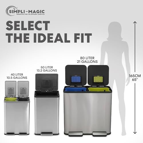 SIMPLI-Magic 21 Gallon (80L) Dual Compartment Kitchen Trash Can - Hands-Free Step Pedal, Soft-Close Lid, Stainless Steel Recycling Bin with Odor Filter (40L + 40L)