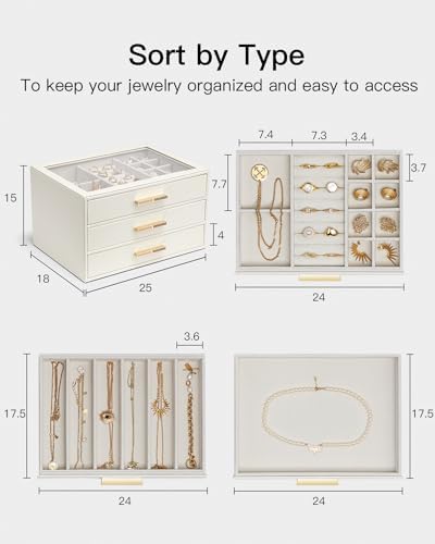 VLANDO Jewelry Box Organizer, 3-Layer Storage Drawers, Glass Window, Modern