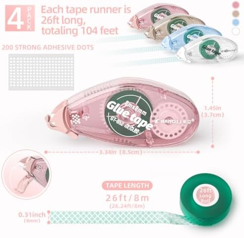 FUNSKY Scrapbook Tape Set, 4 Pack Glue Tape Roller with 200 Pcs Glue Dots