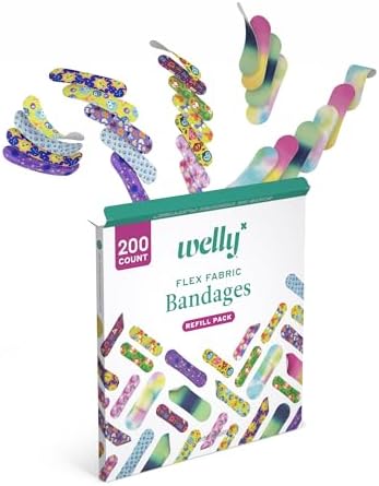 Welly Bandage Refill Ready Pack | Adhesive Flexible Fabric Bandages | Bulk Assorted Shapes and Patterns for Minor Cuts, Scrapes, and Wounds - 200 Count