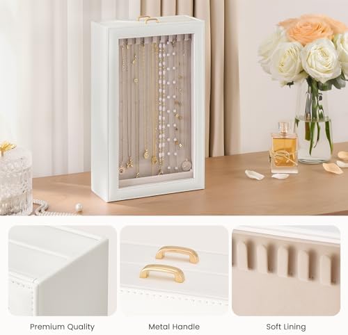 Lolalet Necklace Organizer Box, Jewelry Display Case, White, 2 Layers