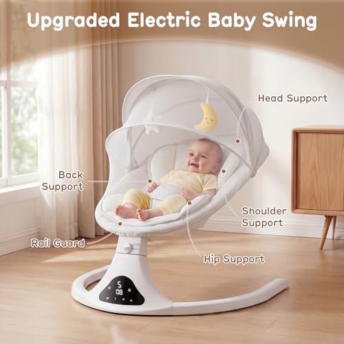 Electric Baby Swing with Remote Control,5 Speeds&Portable&Cozy(0-12M,Grey)