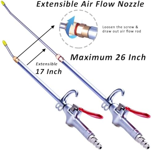 High Volume Industrial Air Blow Gun, 17-26 Inch Extensible Steel Nozzle