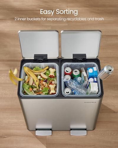 SONGMICS Trash Can, 2 x 8 Gallon (2 x 30 L) Double Compartment