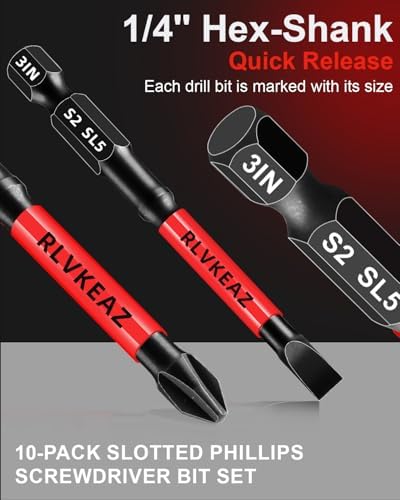3-Inch Long Magnetic Screwdriver Bit Set, Phillips Slotted, 10-Pack