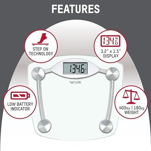 Taylor Digital Bathroom Scale, Body Weight Scale, Instant On and Off, 400 lb Capacity, Sturdy Clear Glass with Chrome-Finish Base