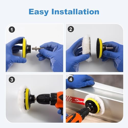 S SATC Wool Polishing Buffing Pad Set with 5PCS 3 Inch Wool Buffing Wheel for Drill, Hook and Loop Back Pad with M10 Drill Adapter, Compound Waxing and Polishing for Car Polisher