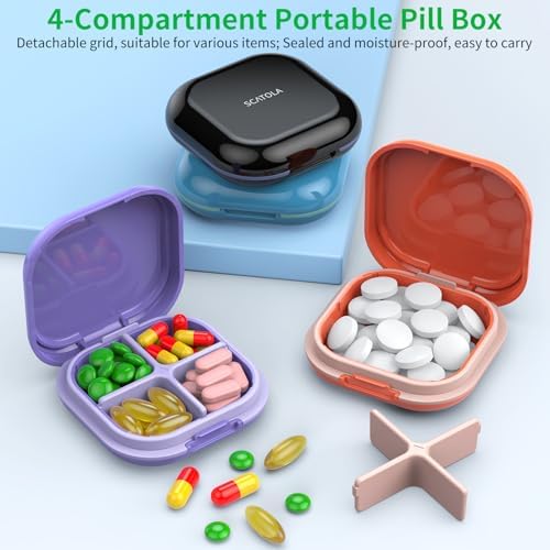 Daily Pill Organizer 4 Compartments, Small Pill Box Portable Travel Pill Case, Mini Pill Container Compact Travel Medicine Organizer for Vitamin, Cod Liver Oil, Supplement