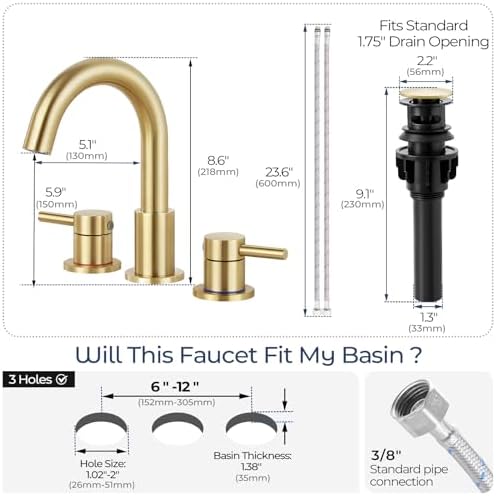 Bathroom Faucet 3 Hole Brushed Gold, 2-Handle Widespread Faucet