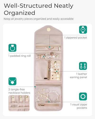 BAGSMART Travel Jewelry Organizer Case Foldable Jewelry Roll,Soft Pink