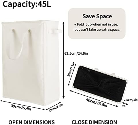 Odonata Slim Laundry Hamper Handles Collapsible Laundry Basket Thin Dirty Clothes Basket Narrow Laundry Bag Foldable Dirty Hamper 45L (Beige)