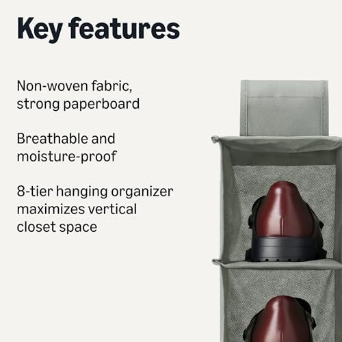 Amazon Basics 8-Tier Hanging Closet Shelf Shoe Organizer, Space Saving Storage, Foldable, 11.5 x 41 x 5.5 in, Dark Grey