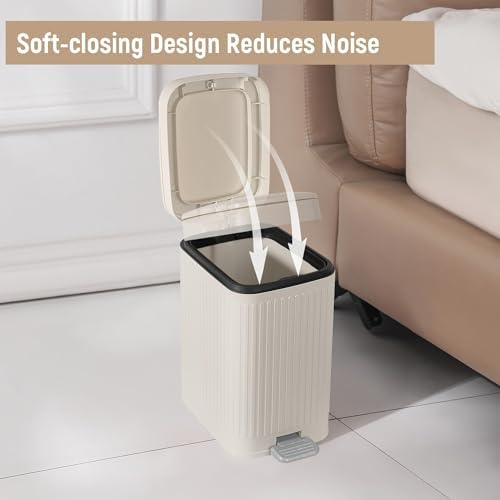 Small Bathroom Trash Can with Lid, 1.9 Gallon Slim Soft Close Step, Cream