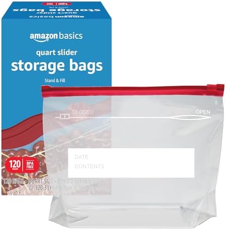 Amazon Basics Slider Quart Food Storage Bags with Stand-Up Bottom, Easy to Fill, BPA Free, 120 Count (Previously Solimo)