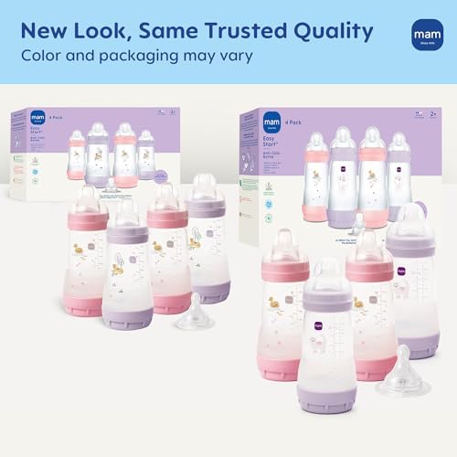 MAM 9oz Easy Start Anti-Colic+ Vented Baby Bottles, 2+ Months, 4 Pack, Girl