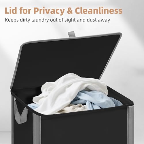 STORAGE MANIAC Rolling Laundry Hamper with Lid, 23.7 Gal (90 L) Large Tall Laundry Basket with Wheels & Handles, Aesthetic Dirty Clothes Hamper for Small Space, Dorm, Apartment, College, Black
