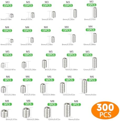 300 Pcs Set Screws, M3 M4 M5 M6 M8 Screws Assortment Kit,Allen Head Screws