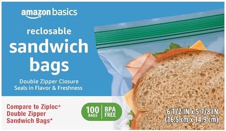 Amazon Basics Reclosable Double Zipper Sandwich Storage Bags for Food Storage, BPA Free, 100 Count