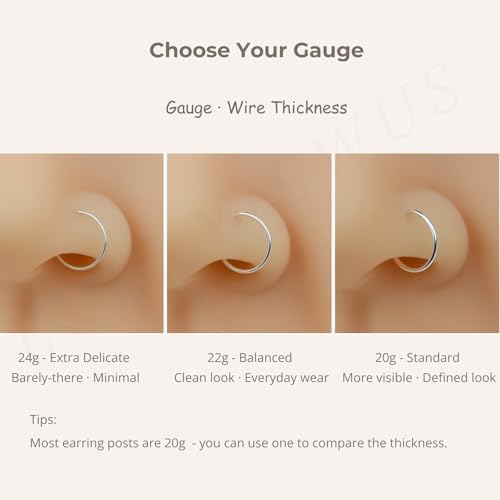 LUCKYJEWUS Small Thin Gold or Sterling Silver Nose Ring Hoop for Women, Tiny Nose Piercing jewelry