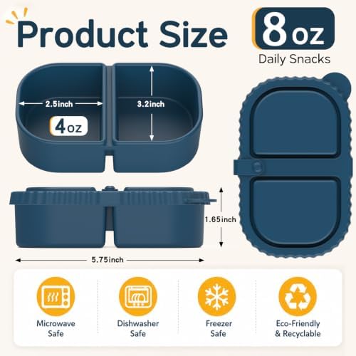 ICEROYCE 3 Pack Silicone Snack Containers for Kids, 2 Compartment Lunch Box