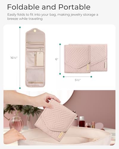 BAGSMART Travel Jewelry Organizer Case Foldable Jewelry Roll,Soft Pink