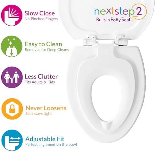 Mayfair NextStep2 Toilet Seat with Built-In Potty Training Seat, Slow-Close, Removable that will Never Loosen, Elongated, White