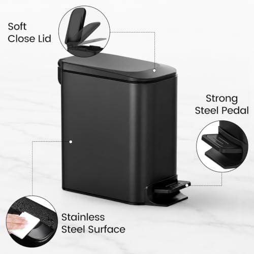 TIPGO Small Bathroom Trash Can with Lid, 1.6 Gal, Soft Close, Matte Black