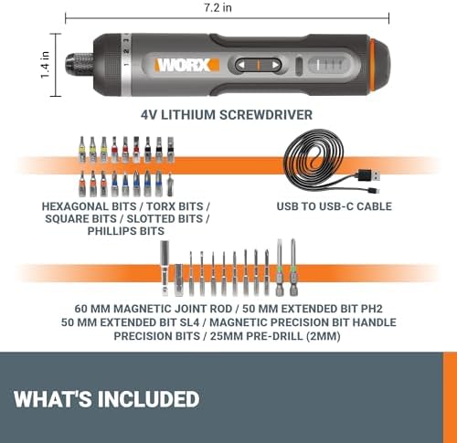 WORX Cordless Screwdriver, 4V 30-Piece Accessory Kit, WX242L
