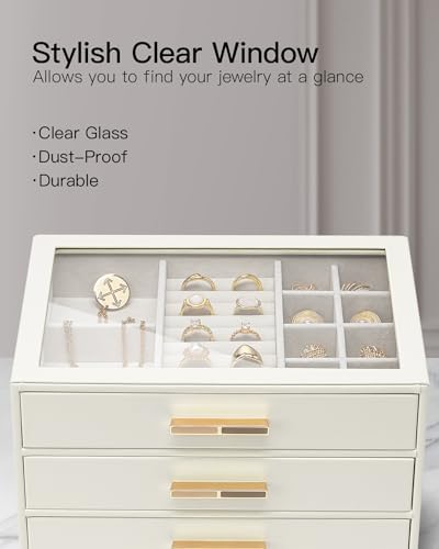 VLANDO Jewelry Box Organizer, 3-Layer Storage Drawers, Glass Window, Modern