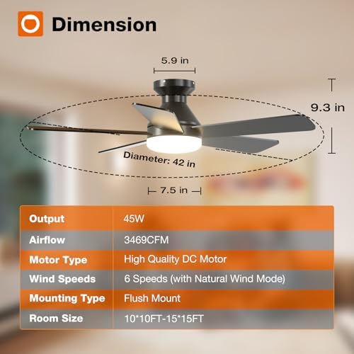 addlon 42 Inch Black Low Profile Ceiling Fans with Lights and Remote
