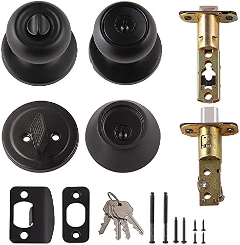 Amazon Basics Exterior Door Knob with Key Lock and Deadbolt, Keyed Alike, Coastal, Matte Black