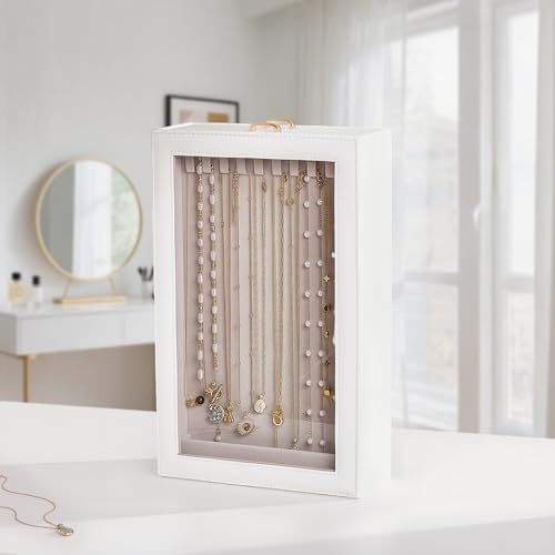 Lolalet Necklace Organizer Box, Jewelry Display Case, White, 2 Layers