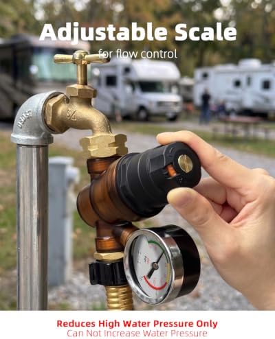 FOCSPROD RV Water Pressure Regulator, Rotatable Scale Adjustable Camper Water Pressure Reducer with Gauge, Inlet Screen Filter for Camper Travel Trailer