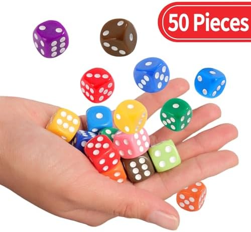 16MM Standard 6 Sided Dice Set, 50 Pieces Colorful Dice for Board Games, Classroom Math Bulk Game Dice, Make Entertainment More Exciting