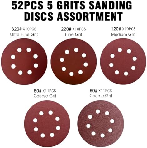 52 Pack 5 Inch 8-Hole Hook and Loop Sanding Discs Sandpaper Red Round 60 80 120 220 320 Mixed Grits Sandpaper for Random Orbital Sander