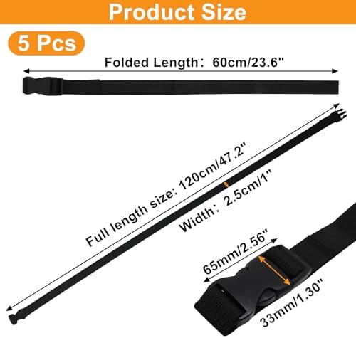 5Pcs Black Nylon Strap 1" x 47" (3.9ft) Buckle Straps with Quick Release Adjustable Straps with Buckles, Tie Down Strap for Backpacking, Outdoor Activities