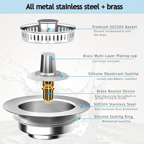 Upgraded 3-in-1 Pop-Up Kitchen Sink Drain Strainer Stopper