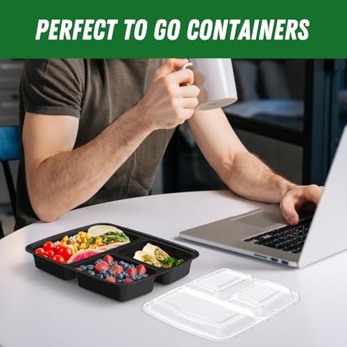 Dealusy 50 Pack 32 oz Meal Prep Containers with Lids 3-Compartment, Black