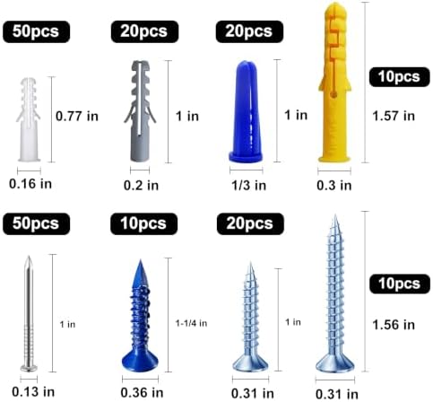 Wensilon (270 pcs) Assortment Plastic Drywall Wall Anchors Kit Screws