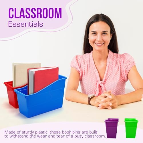 4E's Novelty 6 Durable Book and Binder Holder, Files Book Bins for Classroom, Plastic Vertical Storage Book Organizer Folder Office Classroom Organization Containers Supplies (Rainbow)