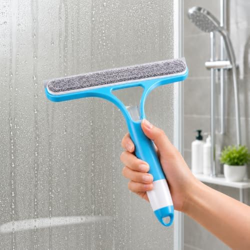 3-in-1 Window and Mirror Cleaner Tool, Bathroom Glass Scraper with Removable Washing Pad, Squeegee and Scrubber for Home Cleaning (Blue)