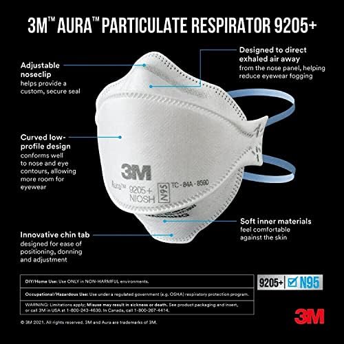3M Aura Particulate Respirator 9205+, N95 Disposable Respirator, 3 pk