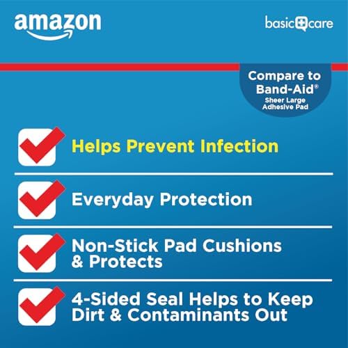 Amazon Basic Care Sheer Adhesive Pad Bandages for Minor Cuts, Scrapes and Wounds, Extra Large 3 x 4 in, Non-Stick Pad, 30 Count