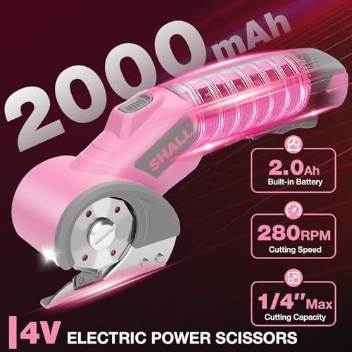 SHALL 4V Cordless Electric Scissors, Rechargeable Cardboard Cutter, Rotary Electric Box Cutter w/Safety Lock, LED Light & Replacement Blade for Fabric, Leather, Carpet, Cardboard & Plastic, Pink/Grey