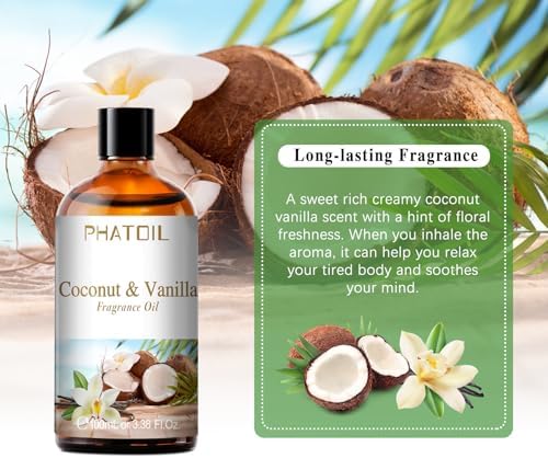 PHATOIL Coconut & Vanilla Fragrance Oil for Diffuser Aromatherapy 3.38FL.OZ