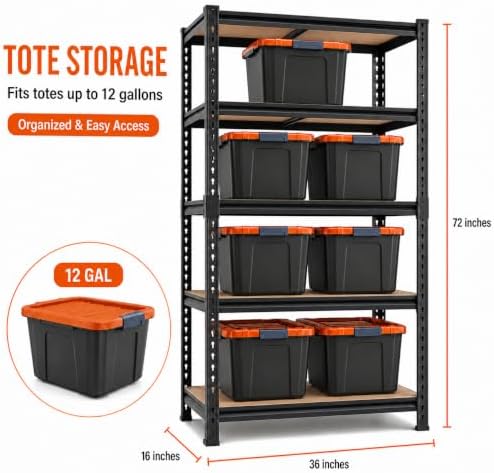 36" Garage Shelving 2200 LBS, Extra Deep 16" 5-Tier Storage Rack