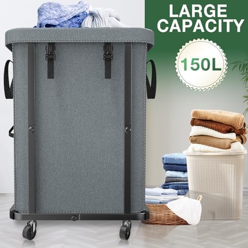 Laundry Hamper with Lid,150L Rolling Laundry Basket with Wheels,Grey