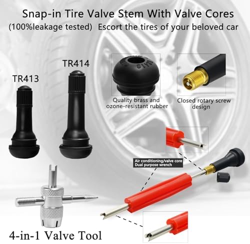 23PCS Tire Valve Stem Tool，Quick Change Valve Installer Kit with TR413/TR414 Valve Stems ，Valve Stem Removal Tool,4-Way Valve Core Removal Tool，for Cars Motorcycles Lawn Mowers ATVs