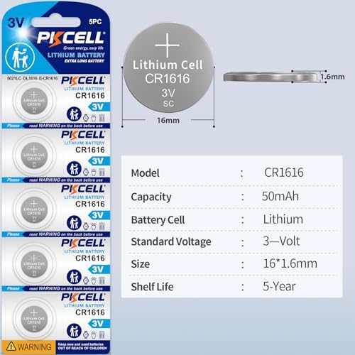 PKCELL CR1616 Battery 5 Pack, CR1616 3V Lithium Battery CR 1616 Battery